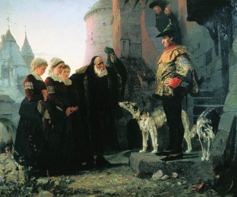 Das Gemälde Das Herrenrecht von Wassili Dmitrijewitsch Polenow (1874) zeigt, wie ein alter Mann seine Töchter zum Feudalherrn bringt.